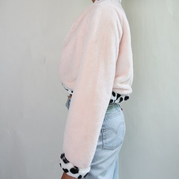 Cropped Fluffy Pink & Cow Print Jacket - Picture 4 of 6
